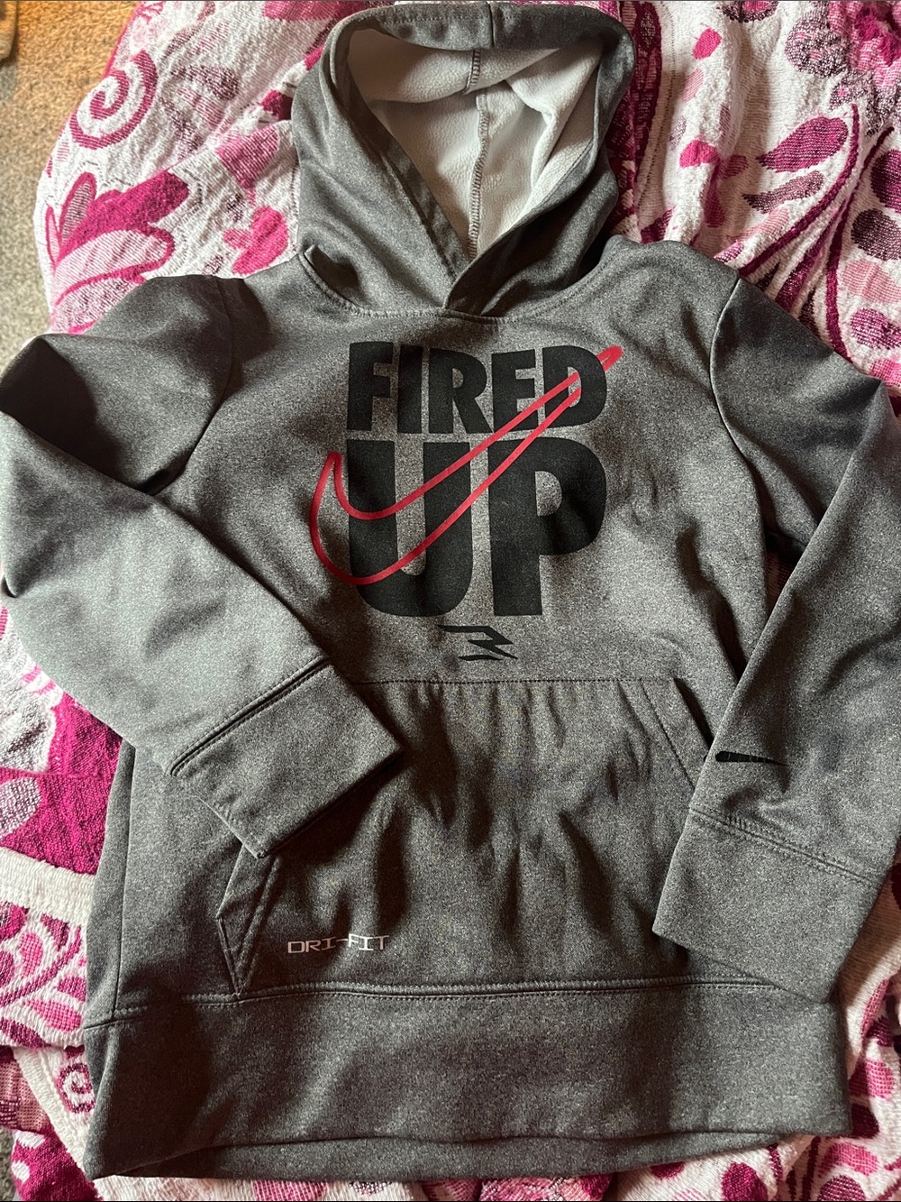 Nike Boys Gray Hoodie with Red Swoosh ‘FIRED UP’ Graphic